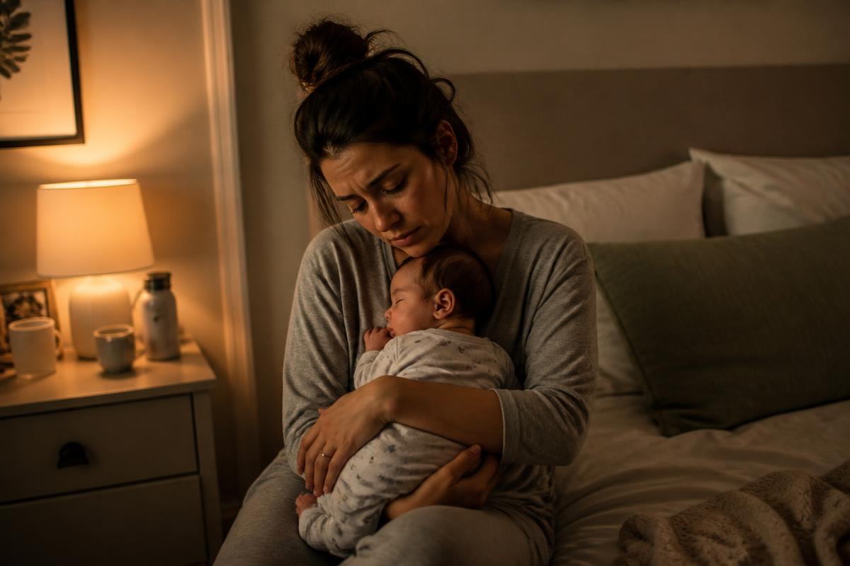 Mãe cansada com bebê durante a noite